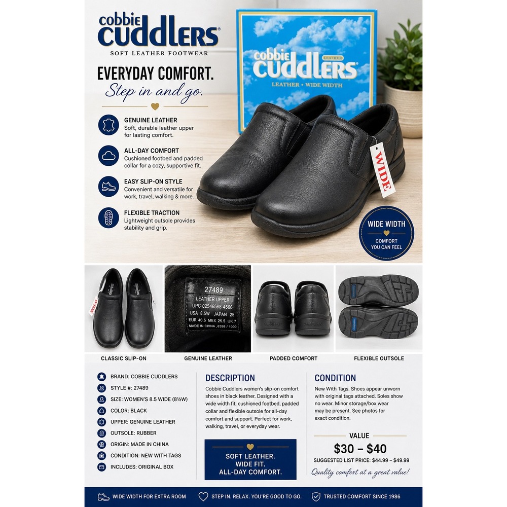Cobbie Cuddlers Women's 8.5 Wide Black Leather Slip-On Comfort Shoes NWT Box